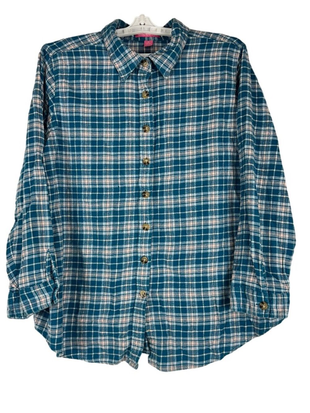Woman Within Teal Blue Plaid Flannel Button Down Shirt Womens Size 1X